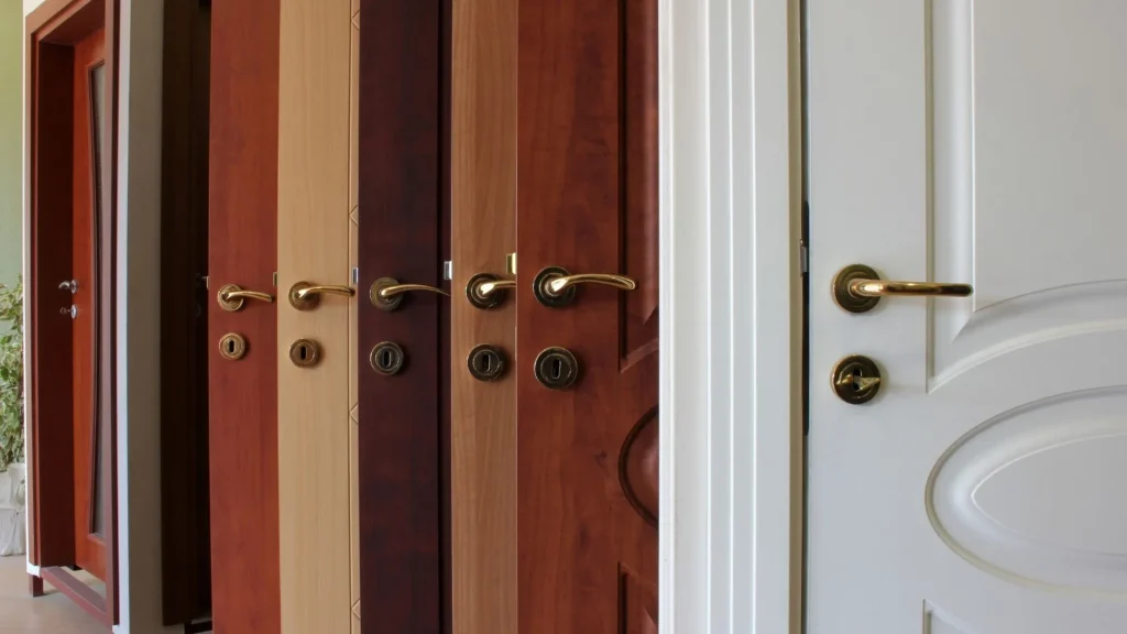 Portas prontas em várias cores e acabamentos, com maçanetas douradas