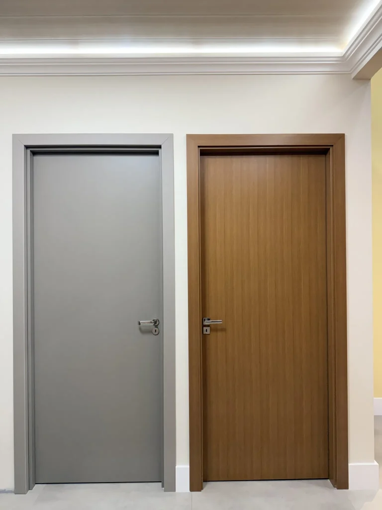 Portas de giro cinza e amadeirada lado a lado